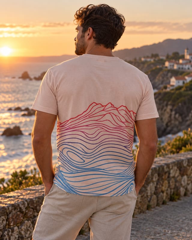 T-shirt Itsas Mendi - collection vu de dos, face au coucher de soleil sur la côte basque