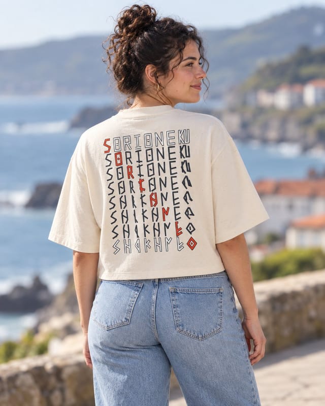 Femme de dos en t-shirt court Matrizea naturel, face à la côte basque